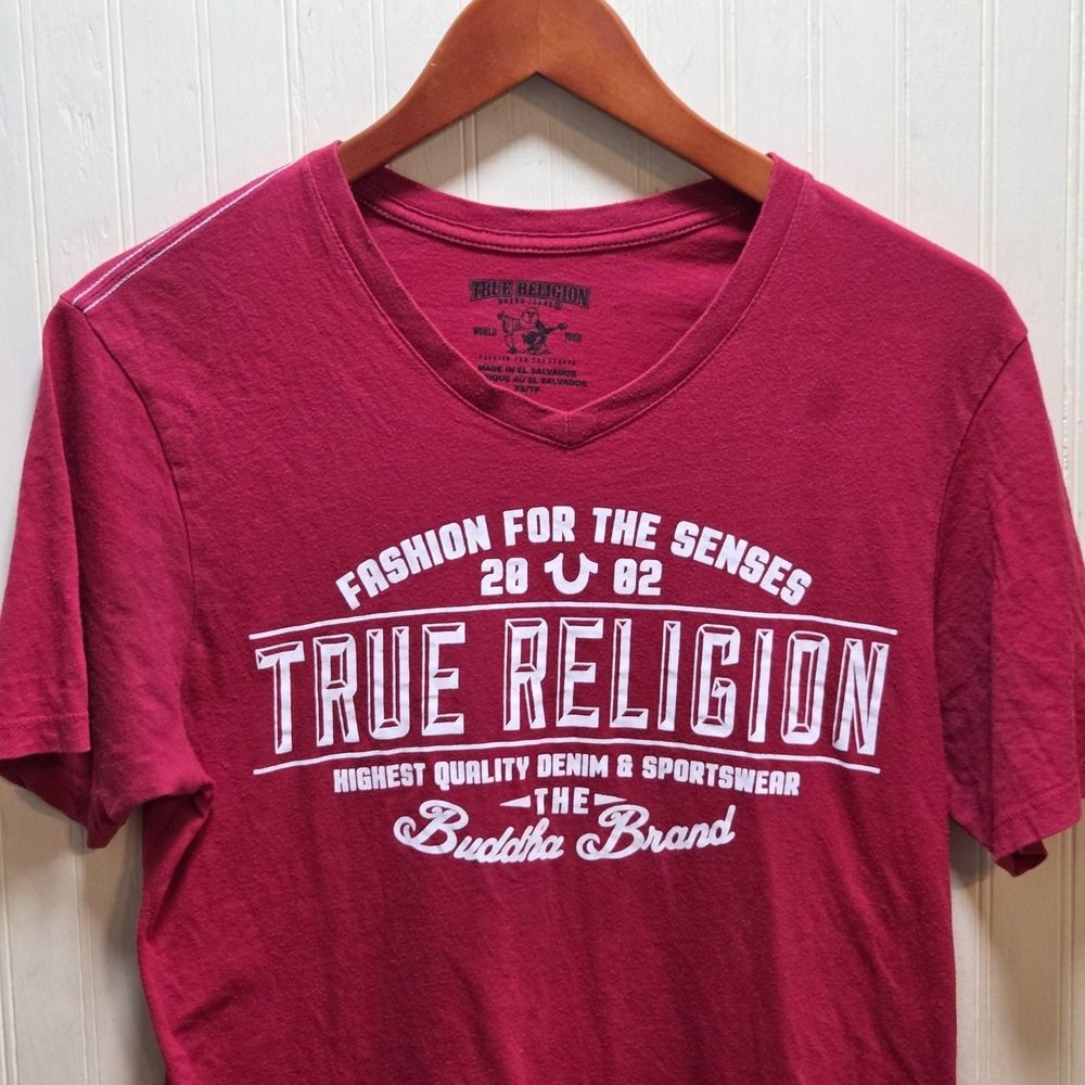True Religion Shirt Mens XS Red V Neck Buddha Guitar Graphic Tee Tagless Music